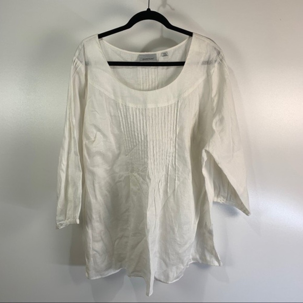Avenue White Scoop Neck Top Linen Pintuck Blouse 26/28
